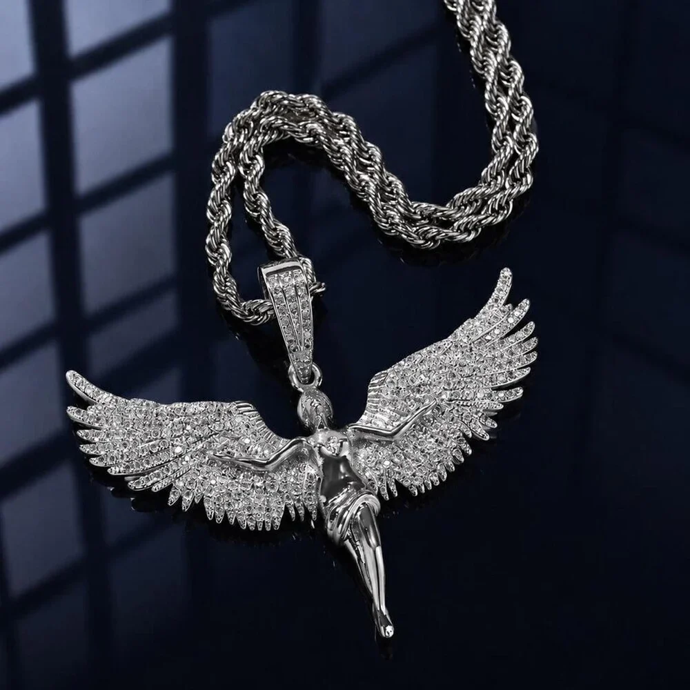 Silver Angel Wings Pendant With 24inch rope chain